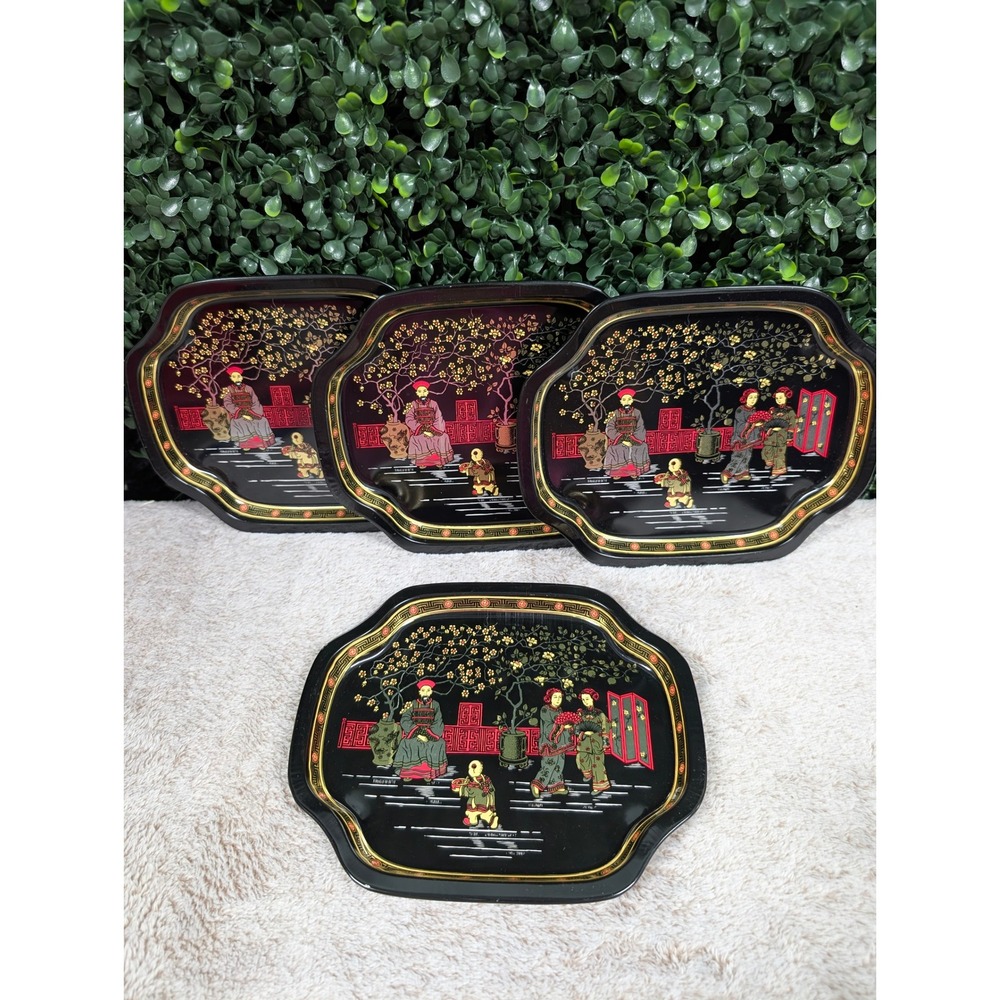 VTG Set of 4 Painted Metal Small Trays Chinoiserie Asian Scene Made in Hong Kong